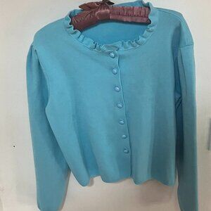 Turquoise Sweater with Ruffle Neckline